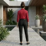 Woman in red textured button down shirt with gold print (4)