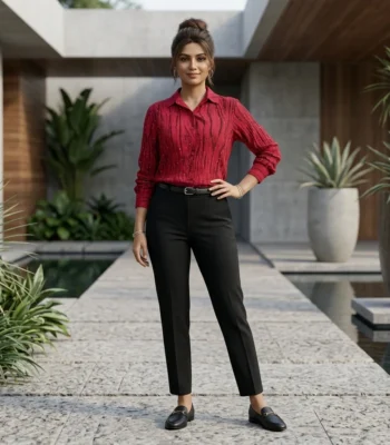 Woman in red textured button down shirt with gold print (5)