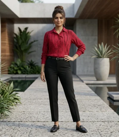 Woman in red textured button down shirt with gold print (5)