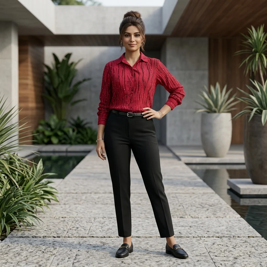 Woman in red textured button down shirt with gold print (5)
