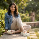 Women cream chunky clogs with brown bear charms, orange stars, and a silver chain strap (2)