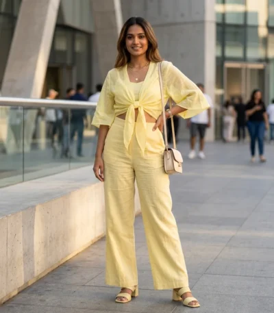 Women wearing a pastel yellow linen tie front short shrug top with wide bell sleeves (4)