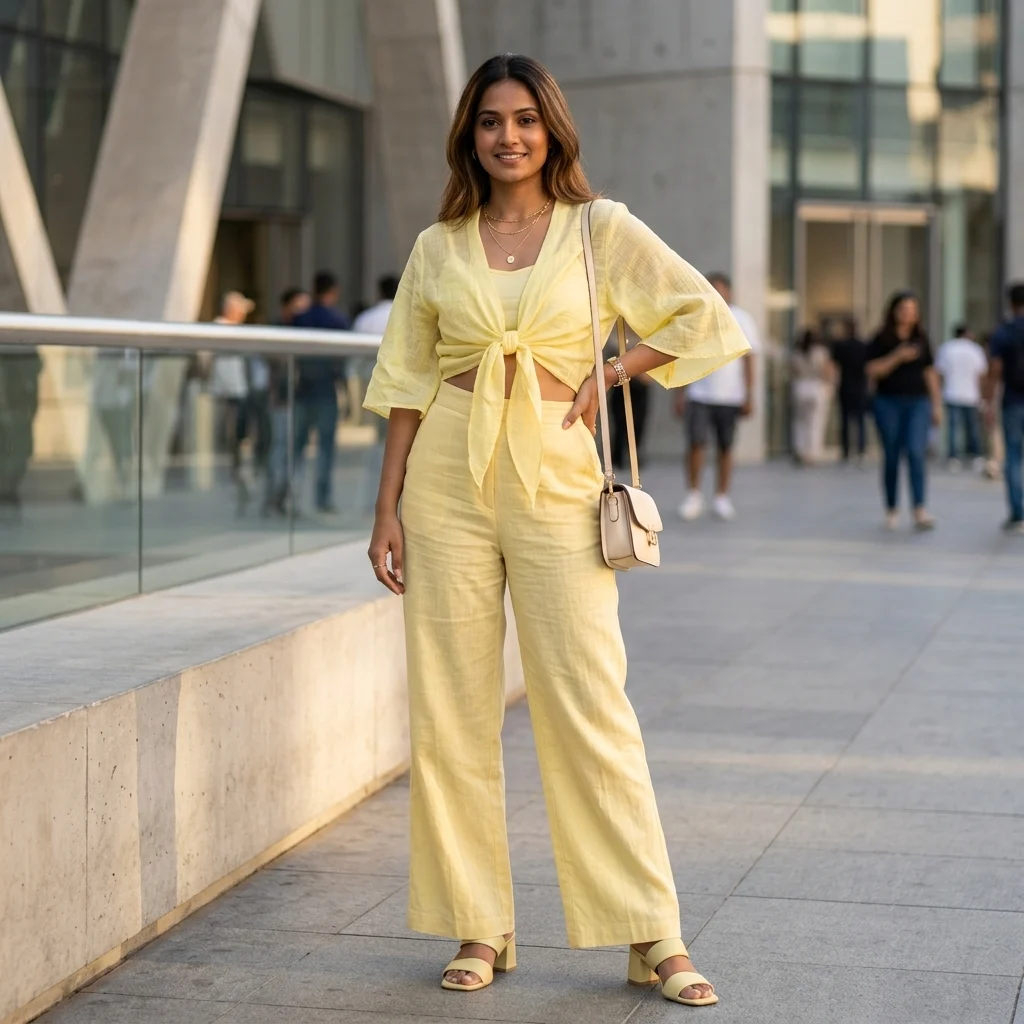 Women wearing a pastel yellow linen tie front short shrug top with wide bell sleeves (4) Women wearing a pastel yellow linen tie front short shrug top with wide bell sleeves (4)