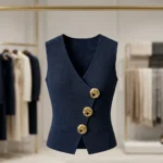 Women's Navy Blue Knit Waistcoat Top with Gold Buttons (3)