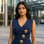 Women's Navy Blue Knit Waistcoat Top with Gold Buttons (4)