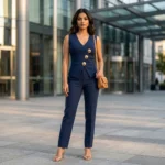 Women's Navy Blue Knit Waistcoat Top with Gold Buttons (5)