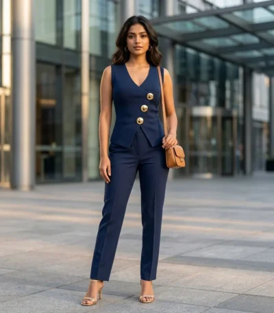 Women's Navy Blue Knit Waistcoat Top with Gold Buttons (5)