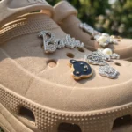 Womens beige platform clogs with rhinestone and pearl charms (1)