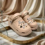 Womens beige platform clogs with rhinestone and pearl charms (3)