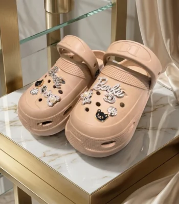 Womens beige platform clogs with rhinestone and pearl charms (4)