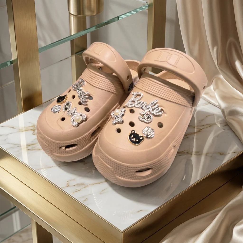 Womens beige platform clogs with rhinestone and pearl charms (4) Womens beige platform clogs with rhinestone and pearl charms (4)