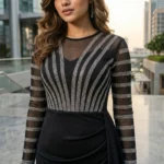 Women's black embellished mesh midi party dress (4)
