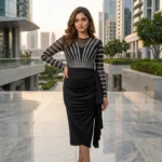 Women's black embellished mesh midi party dress (5)