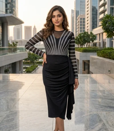 Women's black embellished mesh midi party dress (5)