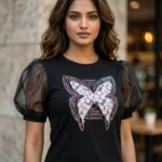 Women's black puff sleeve top with floral butterfly graphic (1)