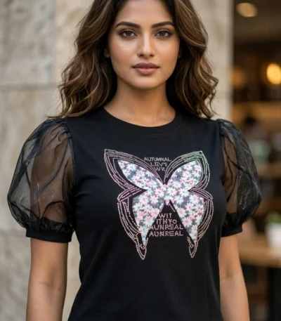 Women's black puff sleeve top with floral butterfly graphic (1)