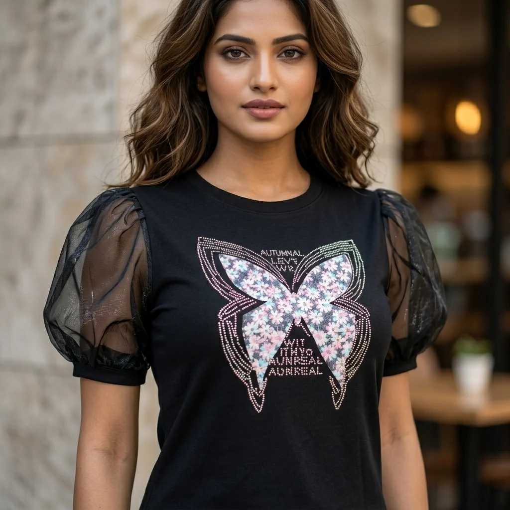 Women's black puff sleeve top with floral butterfly graphic (1) Women's black puff sleeve top with floral butterfly graphic (1)