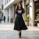 Women's black puff sleeve top with floral butterfly graphic (2)