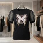 Women's black puff sleeve top with floral butterfly graphic (4)