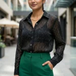 Women's black sheer textured polka dot shirt (3)