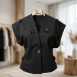 Women's black tailored V neck top with 3D floral appliques (1)