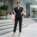 Women's black tailored V neck top with 3D floral appliques (2)