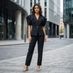 Women's black tailored V neck top with 3D floral appliques and gold button (2)