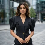 Women's black tailored V neck top with 3D floral appliques and gold button (3)