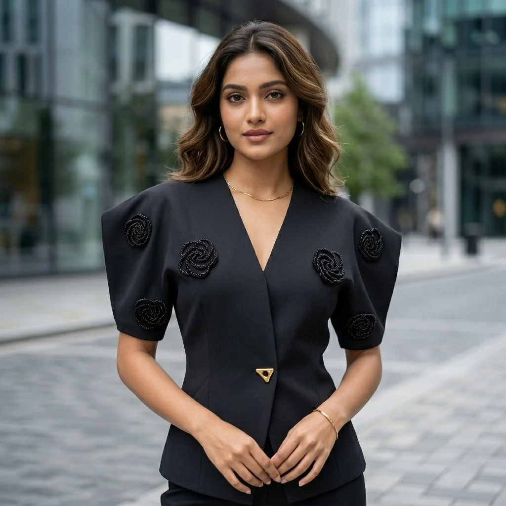 Women's black tailored V neck top with 3D floral appliques and gold button (3) Women's black tailored V neck top with 3D floral appliques and gold button (3)