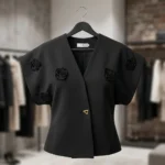 Women's black tailored V neck top with 3D floral appliques and gold button (4)