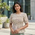 Women's ditsy floral smocked top with puff sleeves and peplum hem (4)