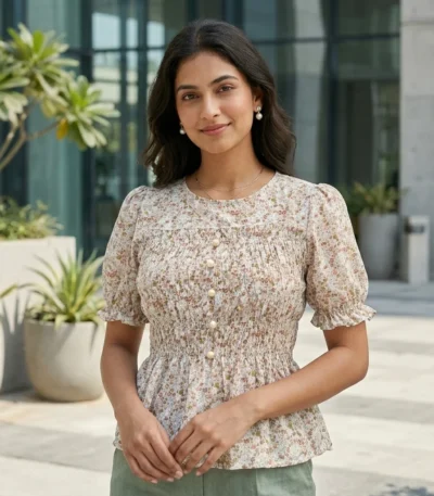 Women's ditsy floral smocked top with puff sleeves and peplum hem (4)