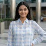 Women's light blue sheer check button down shirt (4)