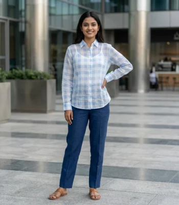 Women's light blue sheer check button down shirt (5)