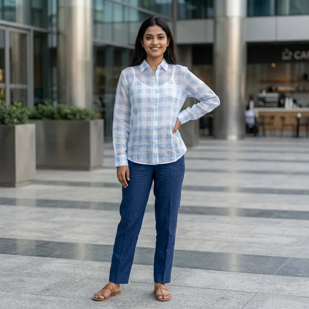 Women's light blue sheer check button down shirt (5) Women's light blue sheer check button down shirt (5)