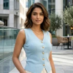 Women's light blue sleeveless V neck waistcoat top with gold buttons (3)