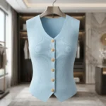 Women's light blue sleeveless V neck waistcoat top with gold buttons (4)