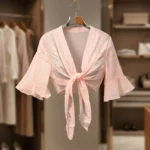 Women's light pink sheer tie front shrug top with bell sleeves (2)