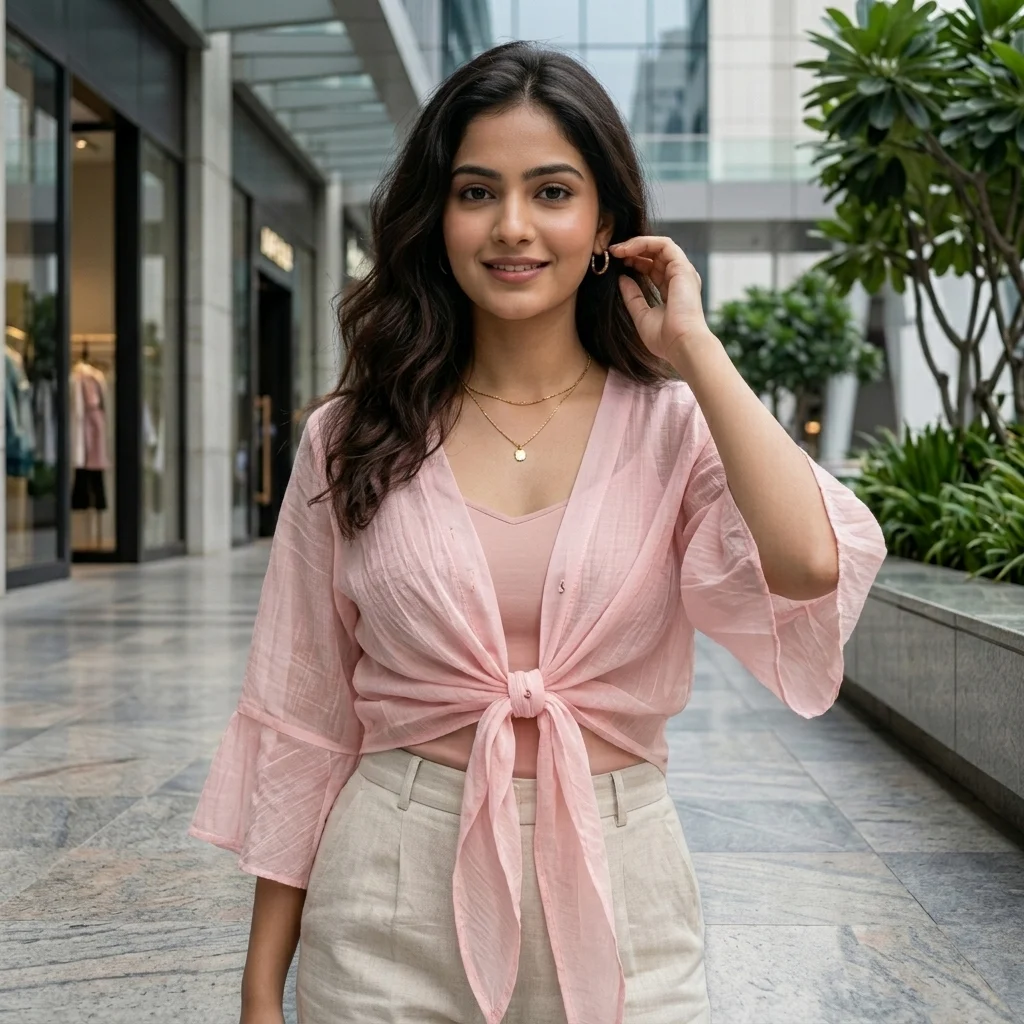 Women's light pink sheer tie front shrug top with bell sleeves (3) Women's light pink sheer tie front shrug top with bell sleeves (3)