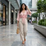 Women's light pink sheer tie front shrug top with bell sleeves (4)