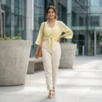 Women's light yellow tie front short shrug with flared sleeves (2)