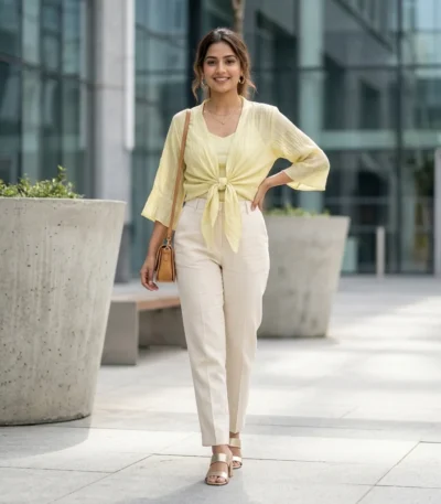 Women's light yellow tie front short shrug with flared sleeves (2)
