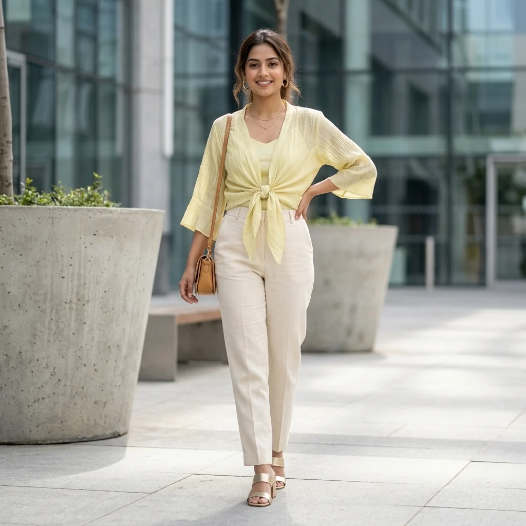 Women's light yellow tie front short shrug with flared sleeves (2) Women's light yellow tie front short shrug with flared sleeves (2)