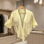 Women's light yellow tie front short shrug with flared sleeves (3)