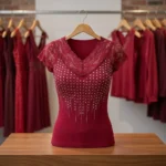 Women's maroon ribbed knit party wear top with front embellishments and lace v neck (2)