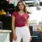Women's maroon ribbed knit party wear top with front embellishments and lace v neck (3)