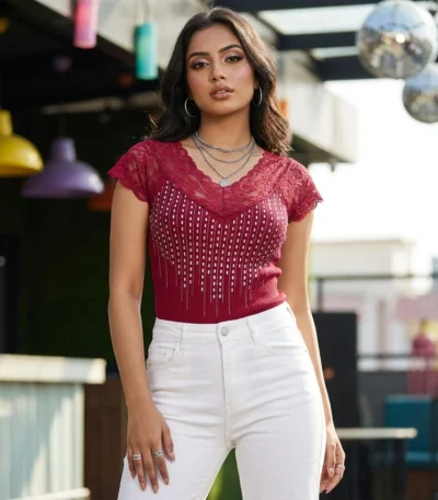 Women's maroon ribbed knit party wear top with front embellishments and lace v neck (3)