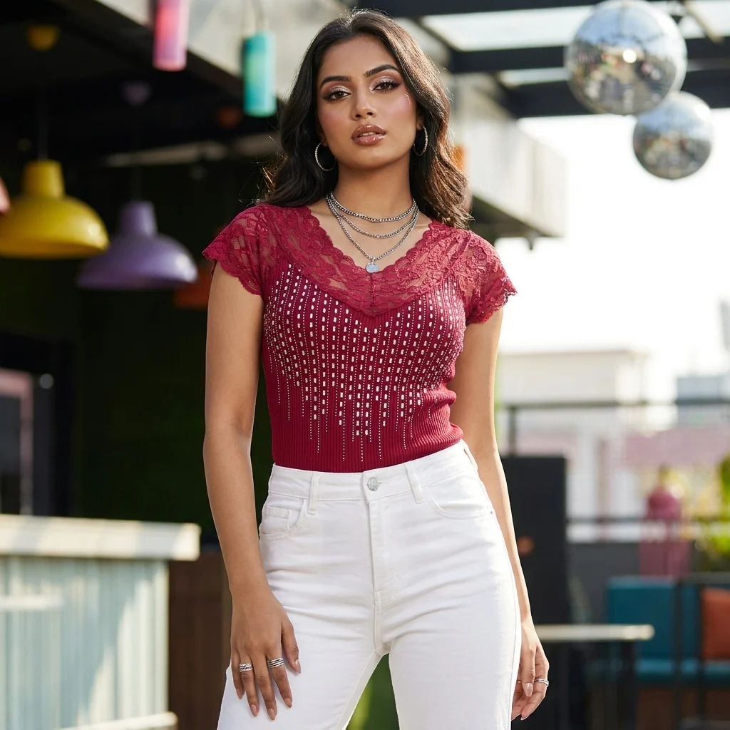 Women's maroon ribbed knit party wear top with front embellishments and lace v neck (3) Women's maroon ribbed knit party wear top with front embellishments and lace v neck (3)