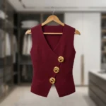 Women's maroon v neck sleeveless knit waistcoat top with gold buttons (2)
