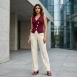 Women's maroon v neck sleeveless knit waistcoat top with gold buttons (4)